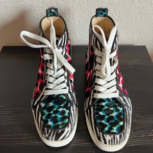 Multi colored animal print sneakers.